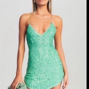 Retrofete Sirena Feather Sequin Mint Aqua Mini Dress